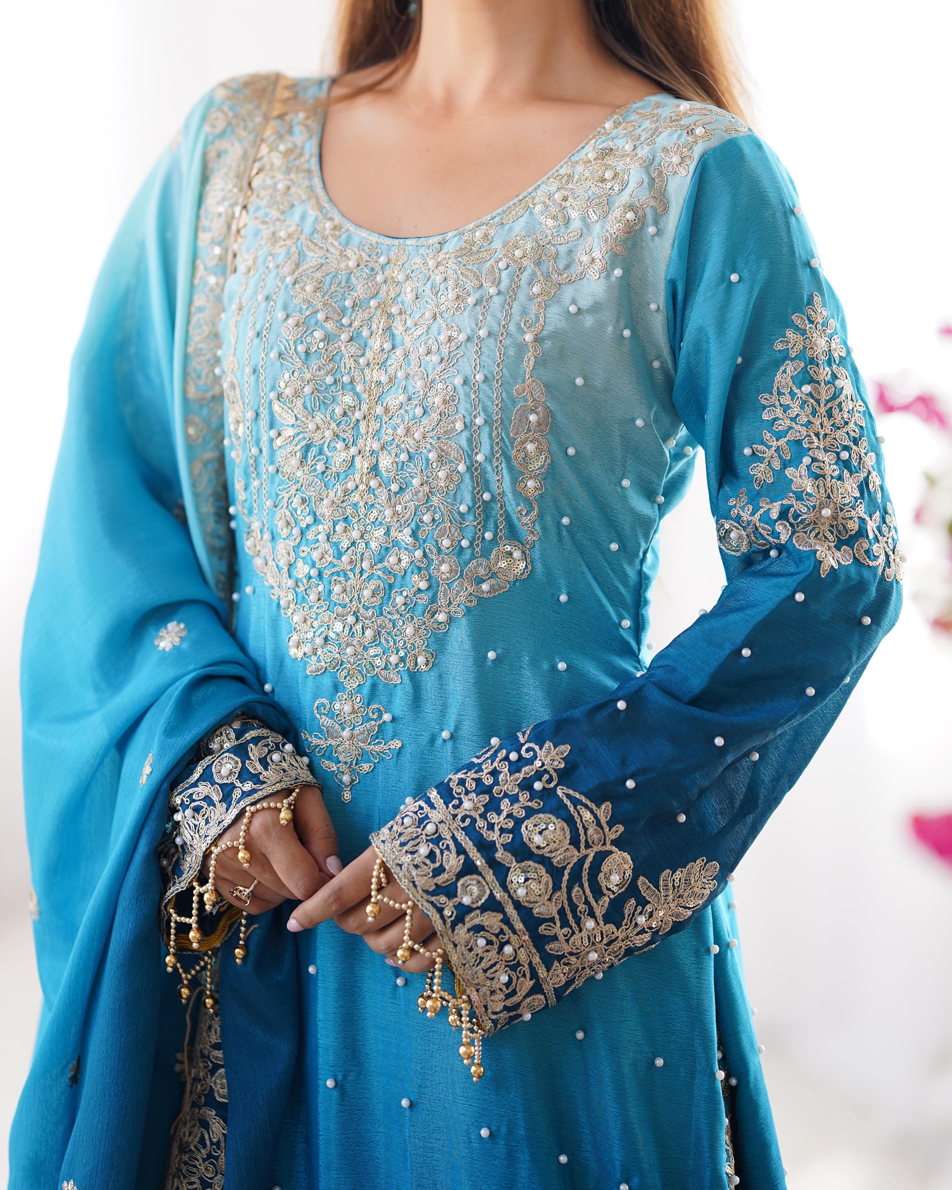 Beautiful Designer Chinon Silk Sequence With Rivet Moti Work Sharara - Image 3