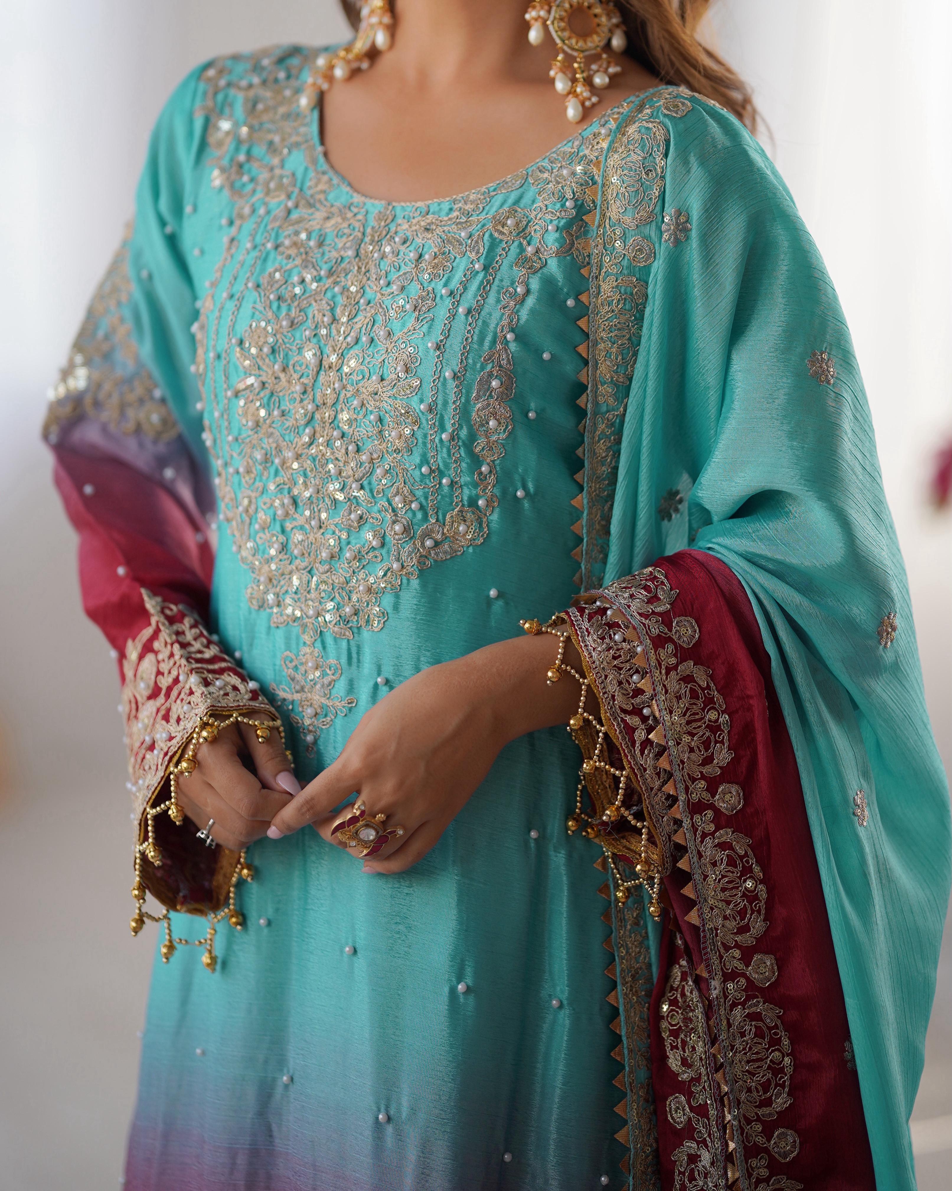 Beautiful Designer Chinon Silk Sequence With Rivet Moti Work Sharara - Image 4