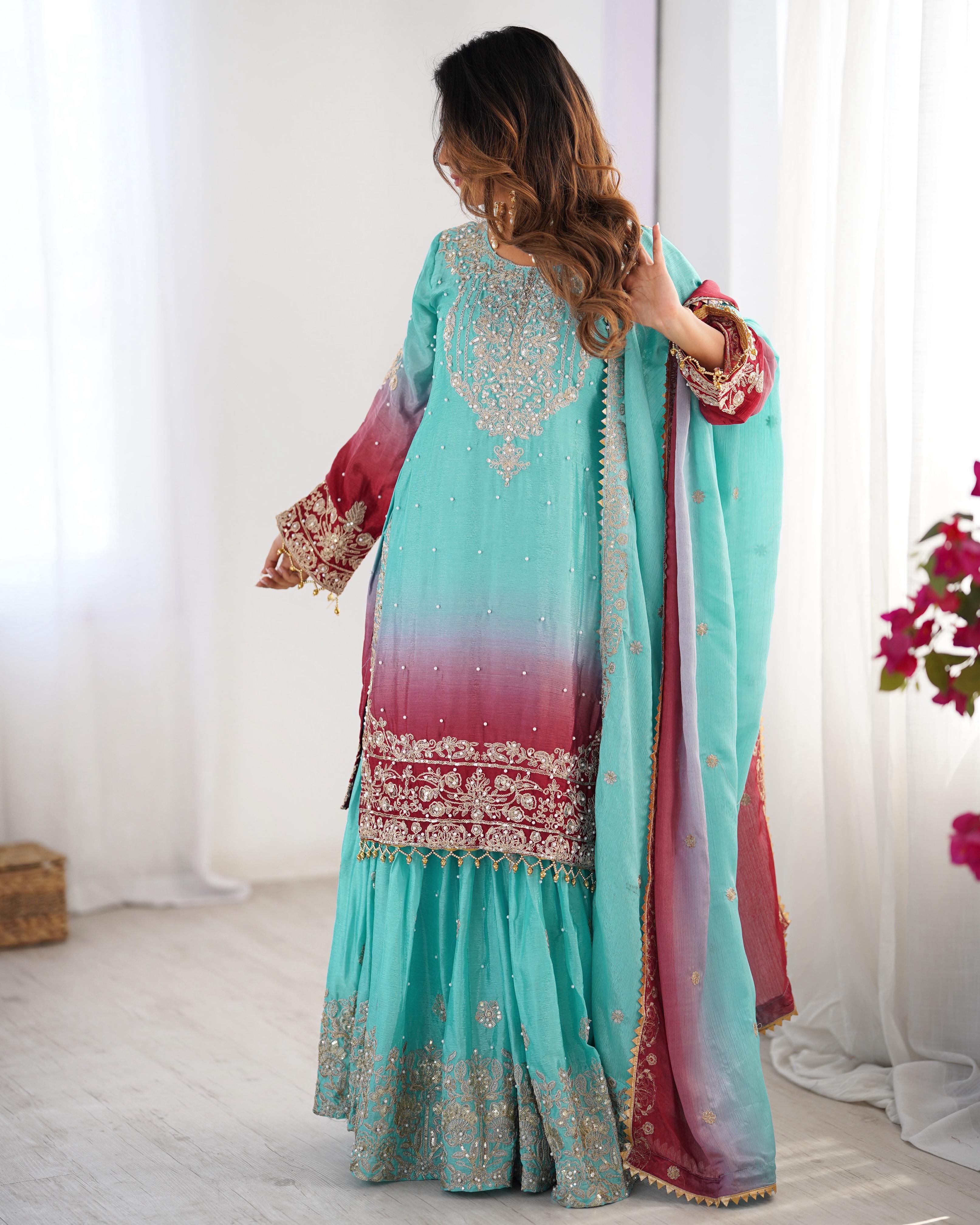 Beautiful Designer Chinon Silk Sequence With Rivet Moti Work Sharara - Image 6