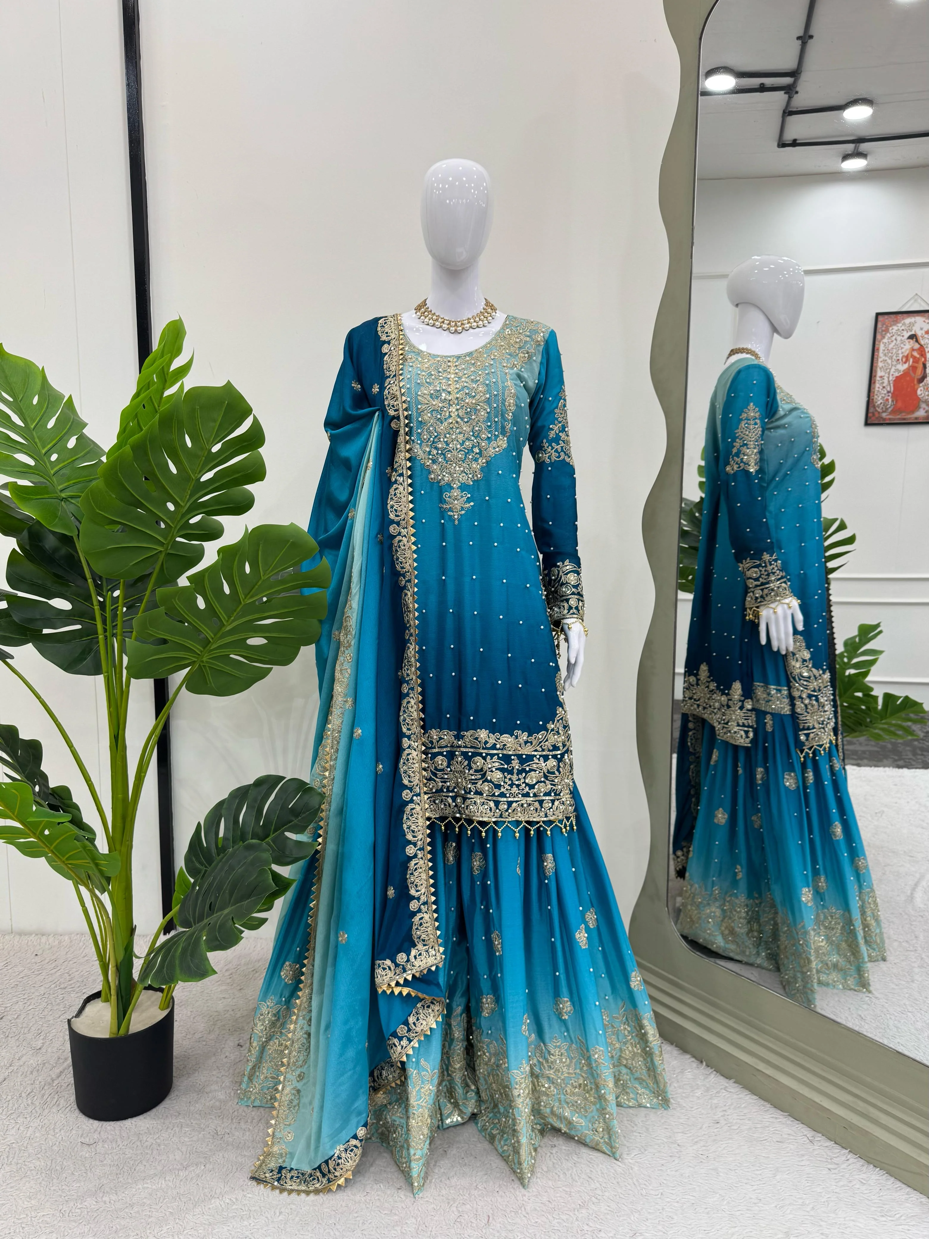 Beautiful Designer Chinon Silk Sequence With Rivet Moti Work Sharara - Image 7