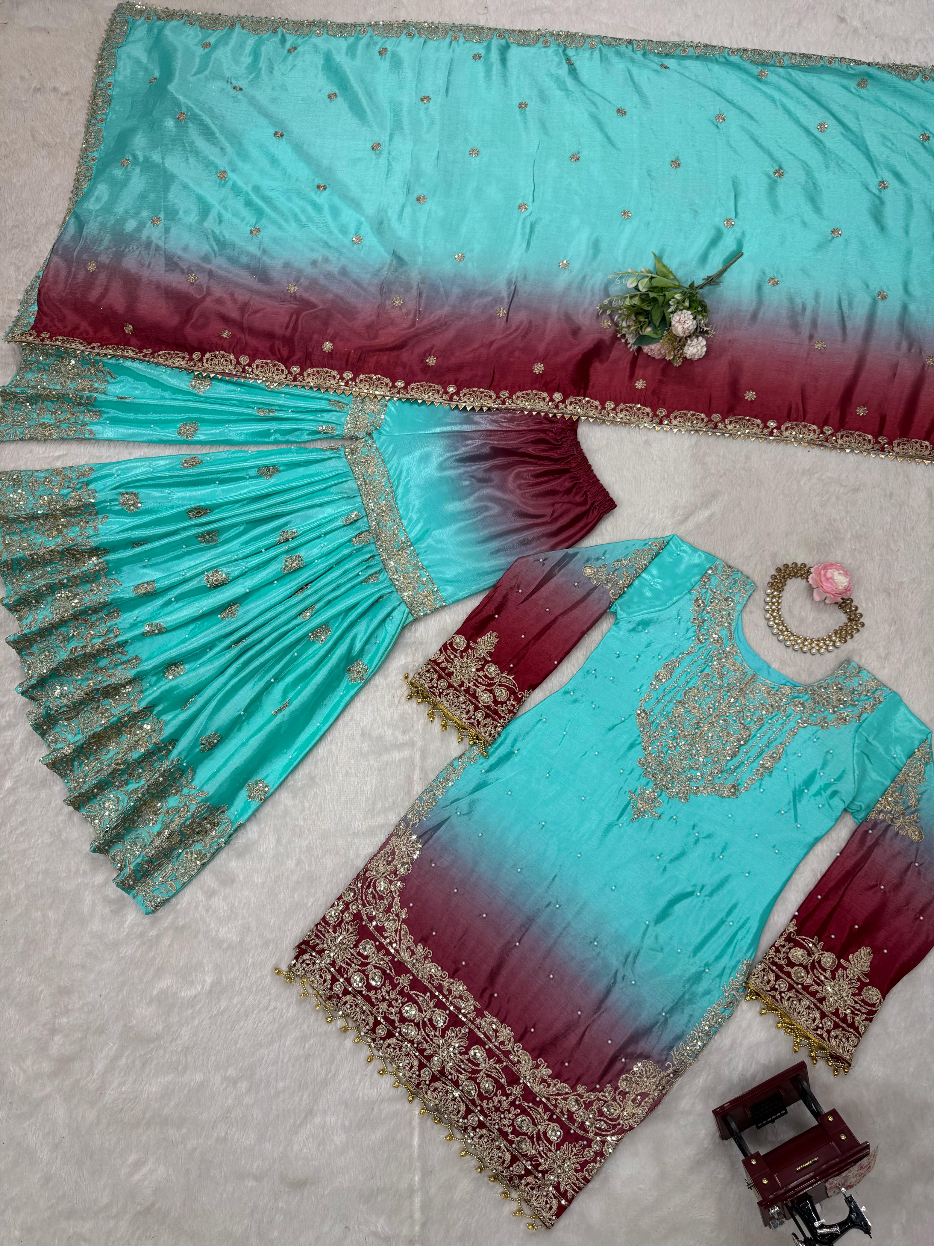 Beautiful Designer Chinon Silk Sequence With Rivet Moti Work Sharara - Image 8