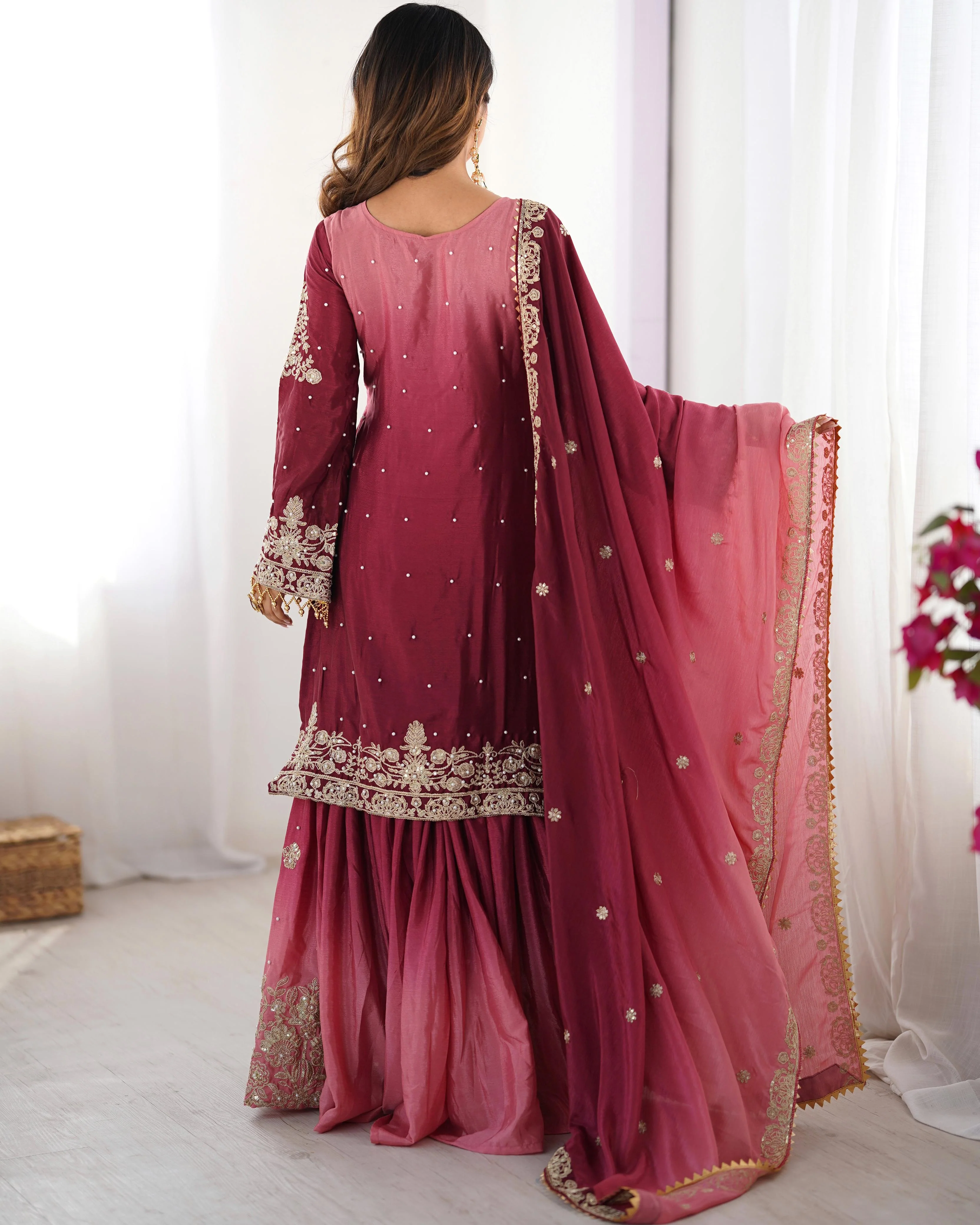 Beautiful Designer Chinon Silk Sequence With Rivet Moti Work Sharara - Image 3