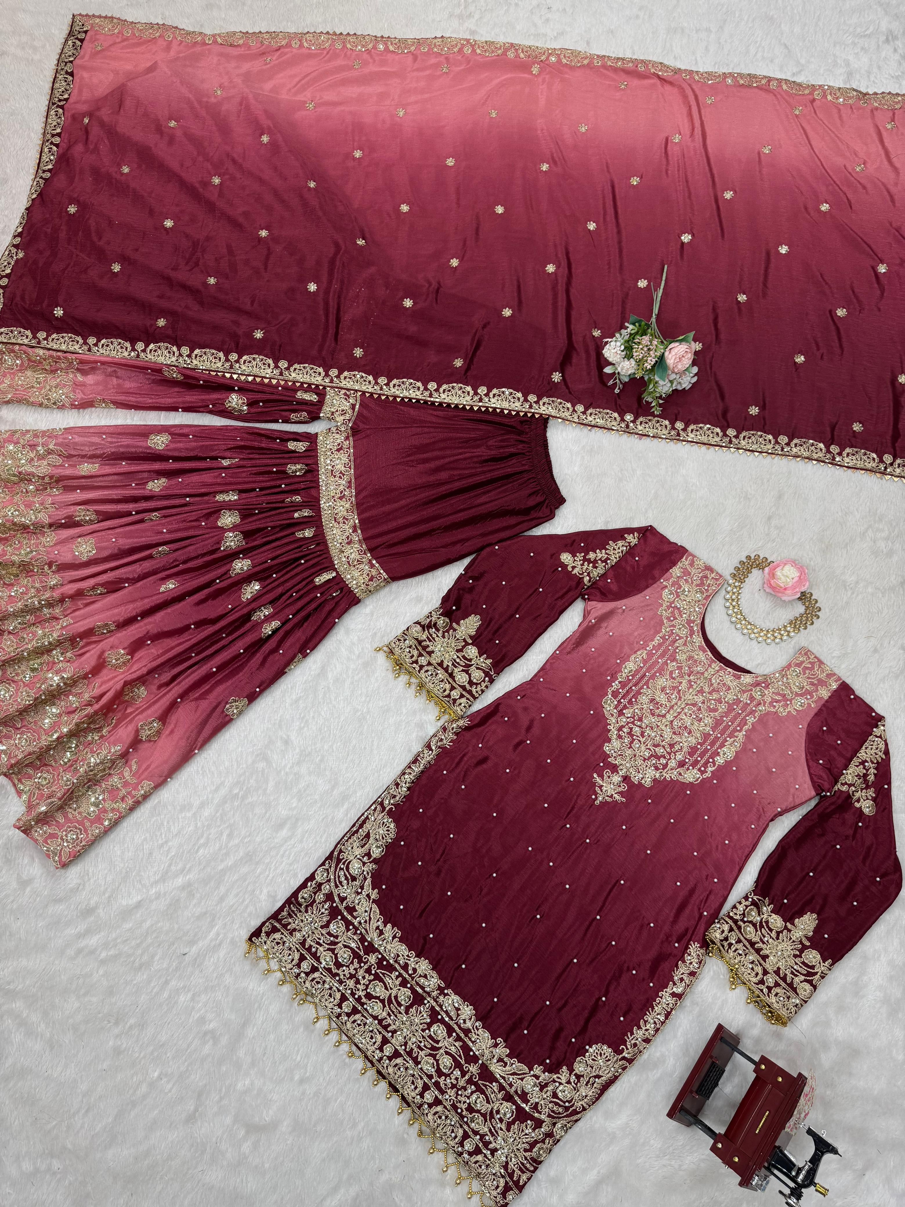 Beautiful Designer Chinon Silk Sequence With Rivet Moti Work Sharara - Image 5