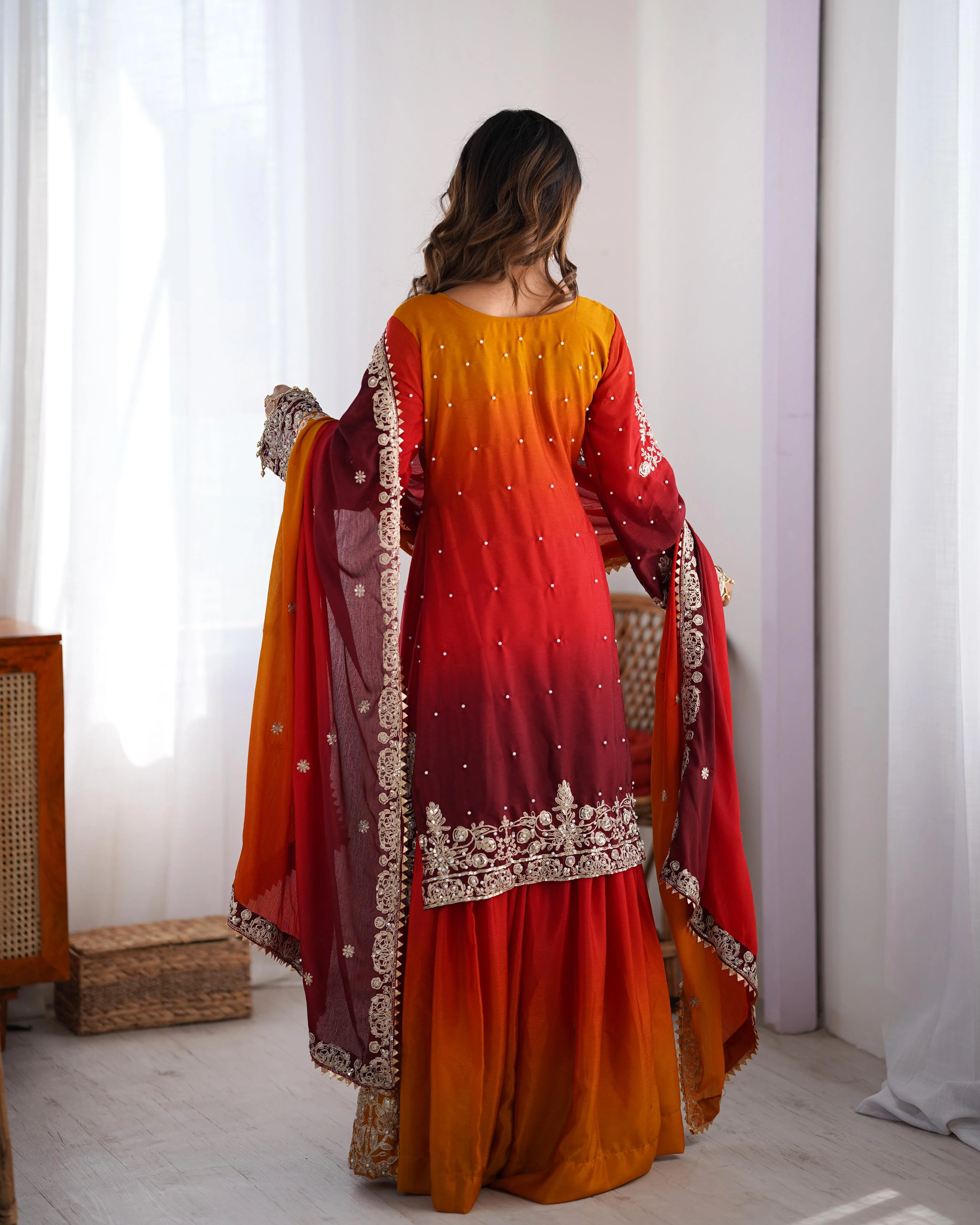 Beautiful Designer Chinon Silk Sequence With Rivet Moti Work Sharara - Image 6