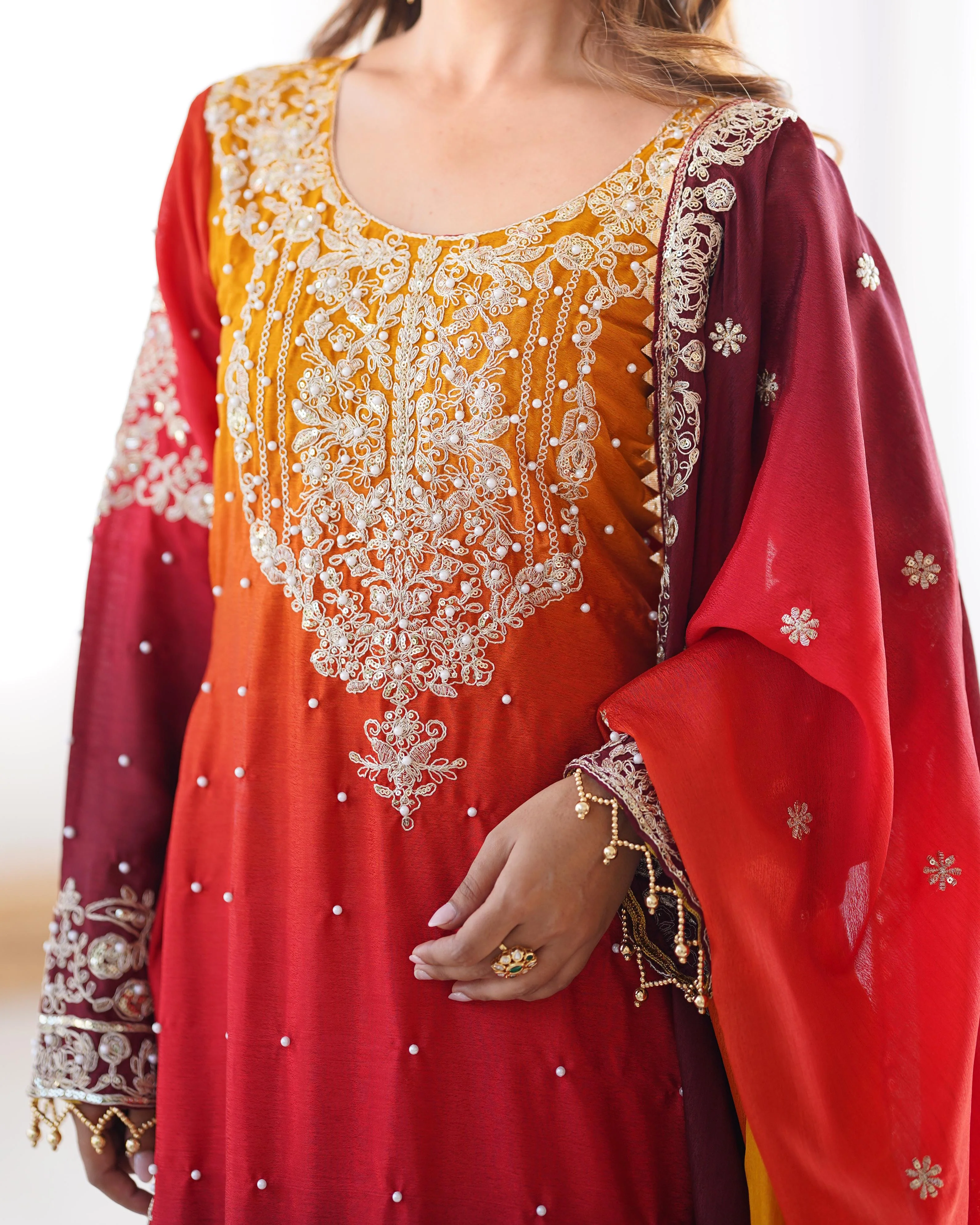 Beautiful Designer Chinon Silk Sequence With Rivet Moti Work Sharara - Image 7