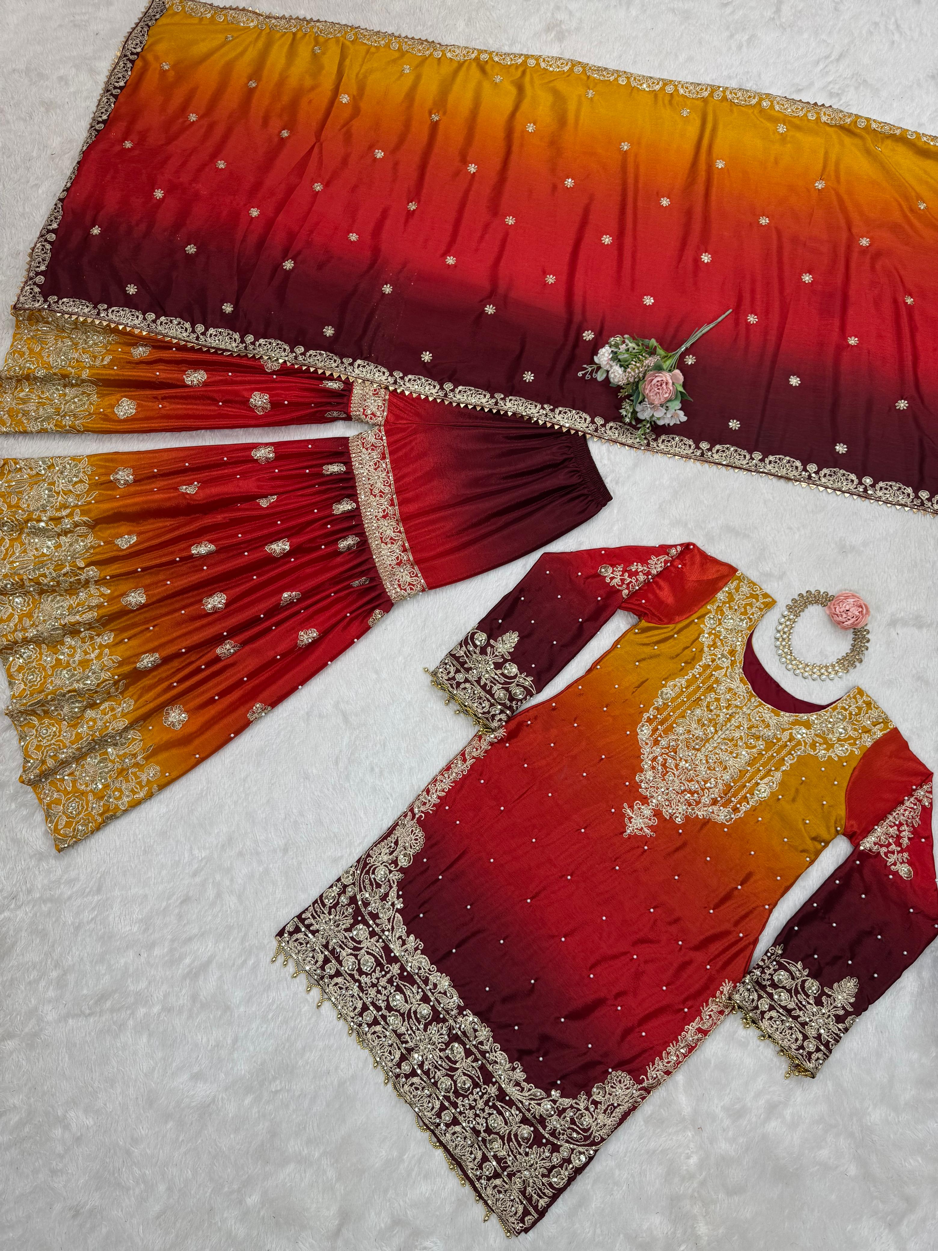 Beautiful Designer Chinon Silk Sequence With Rivet Moti Work Sharara - Image 8