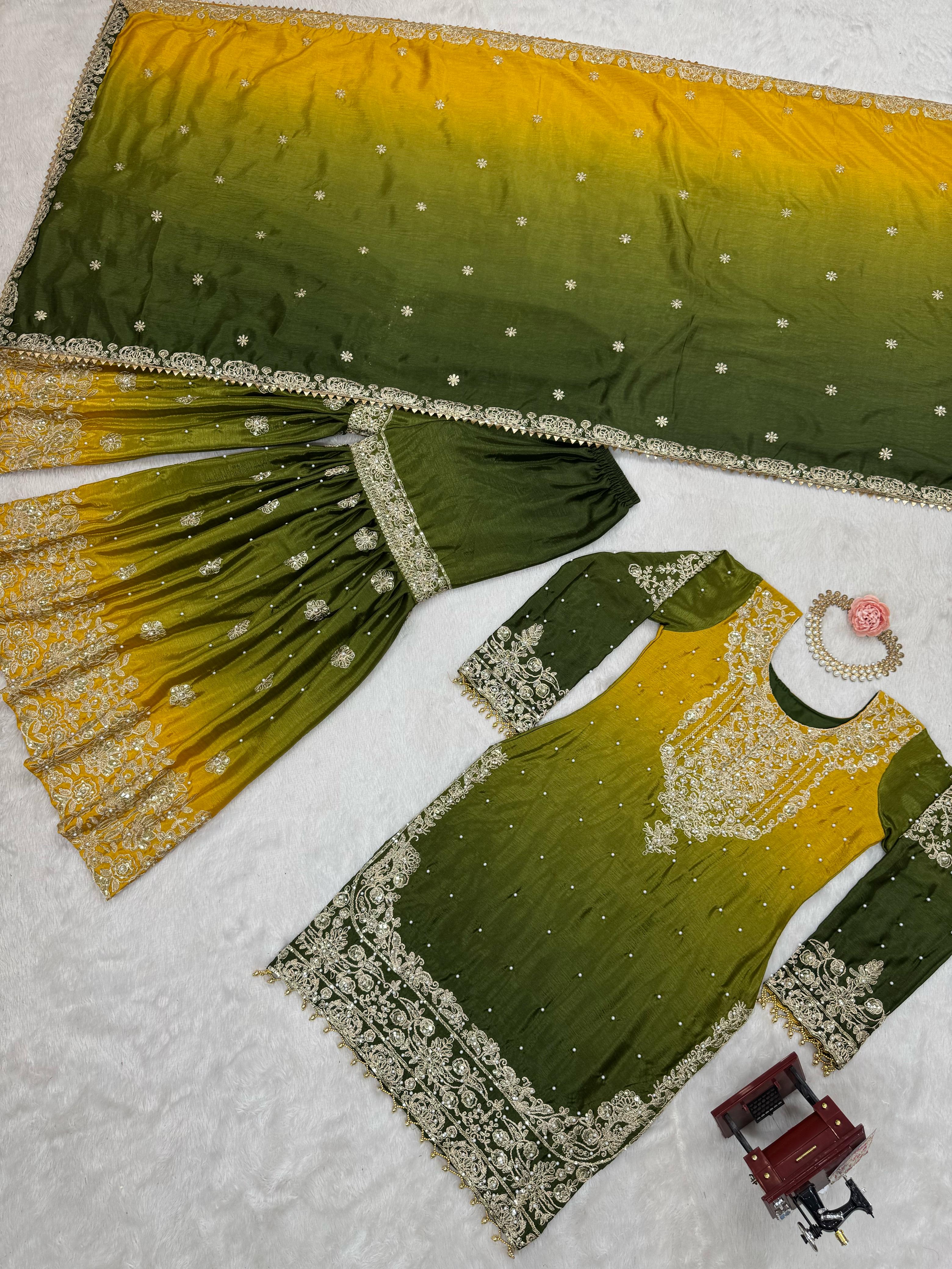 Beautiful Designer Chinon Silk Sequence With Rivet Moti Work Sharara - Image 6