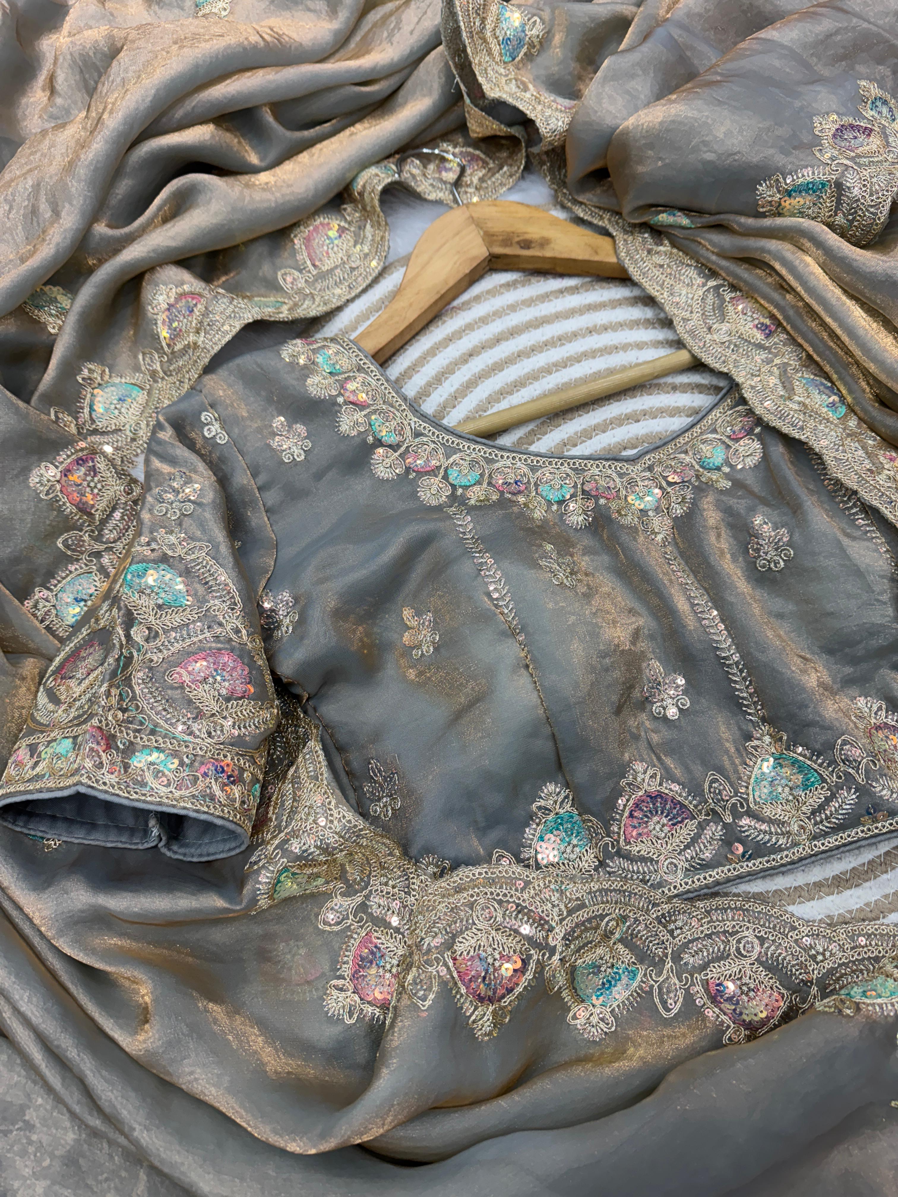 Beautiful Dual Color Soft Space Silk Sequence & Dori Embroidery Work Saree - Image 3