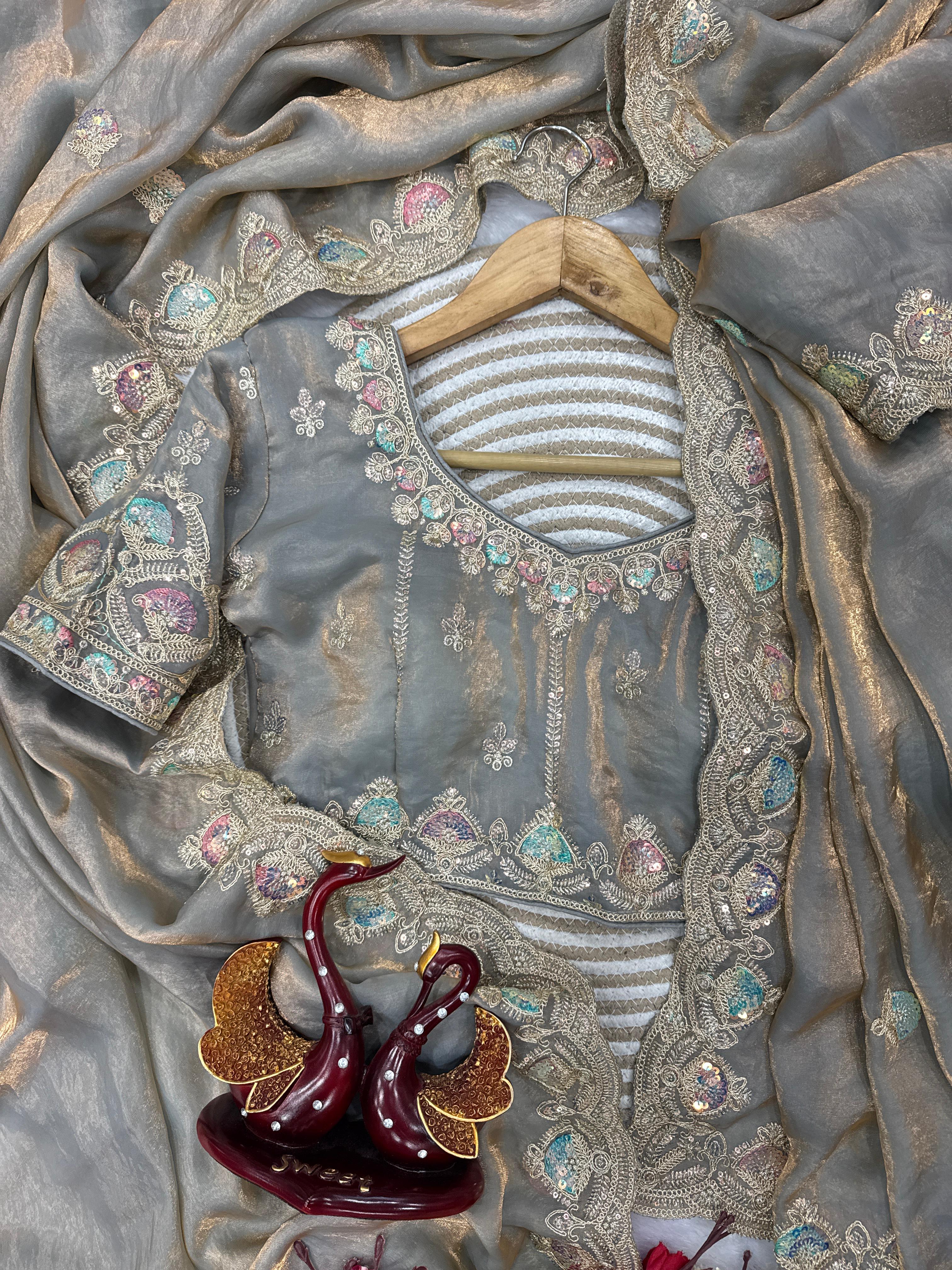 Beautiful Dual Color Soft Space Silk Sequence & Dori Embroidery Work Saree - Image 4