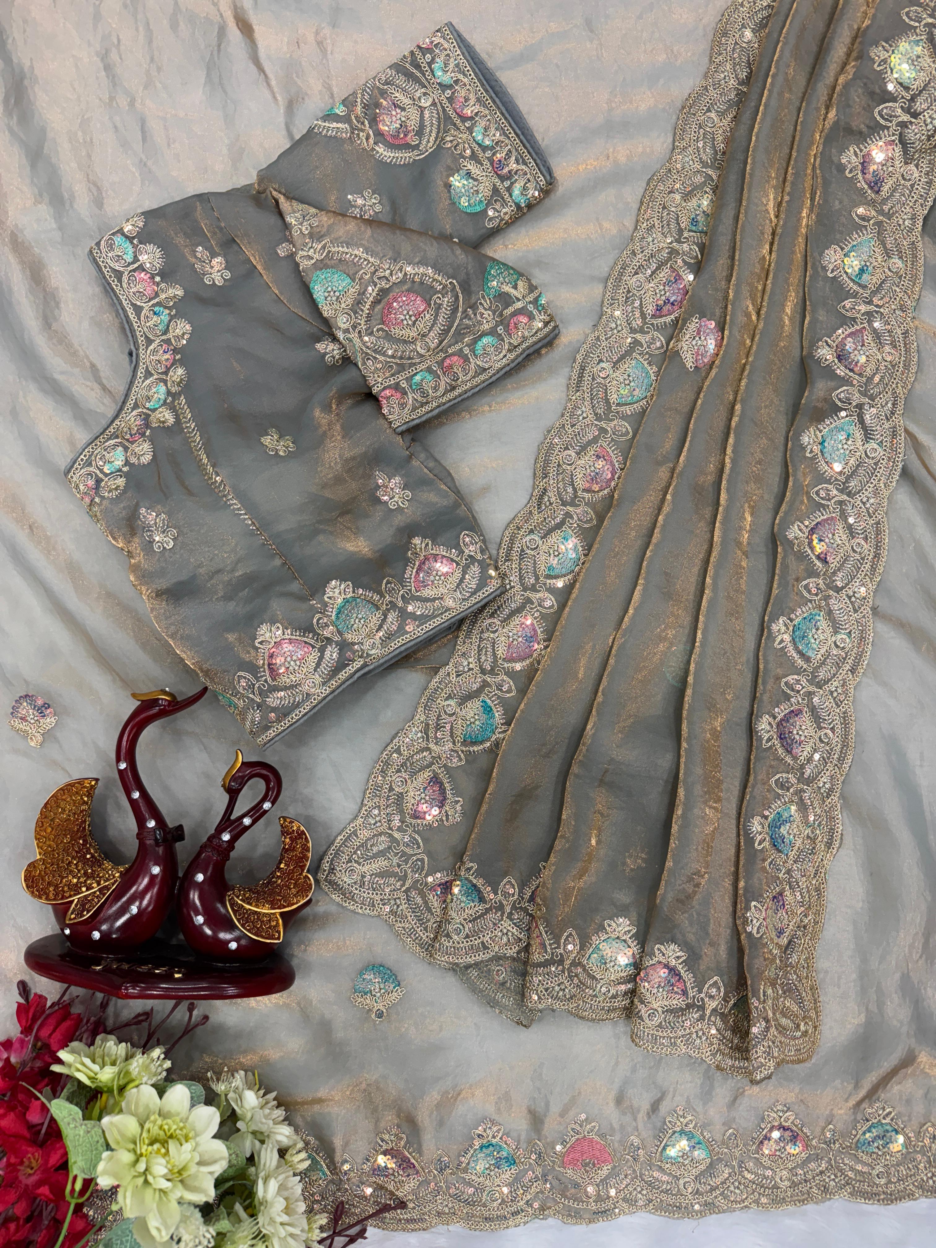 Beautiful Dual Color Soft Space Silk Sequence & Dori Embroidery Work Saree - Image 5