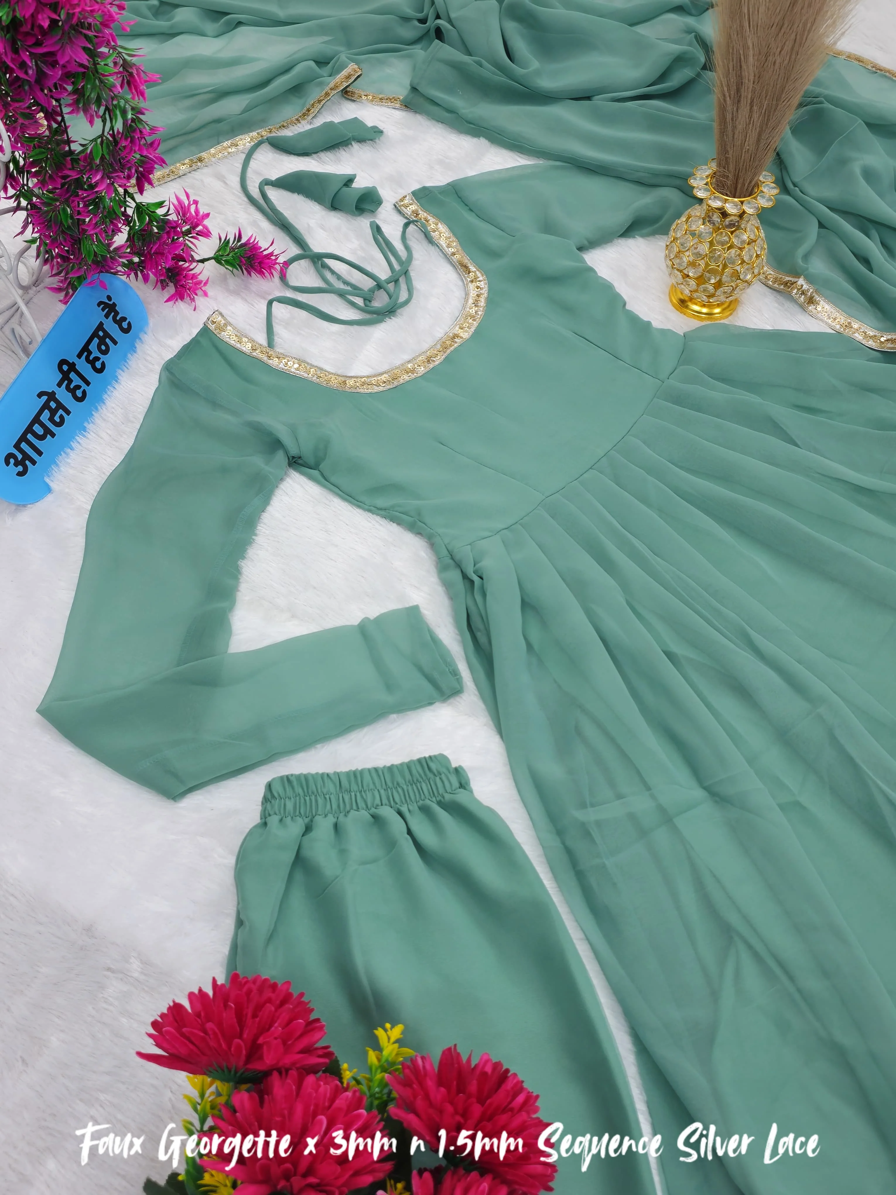 Beautiful Jannat Jubair Inspired Gold & Silver Cham Cham Sequence Anarkali Set - Image 3