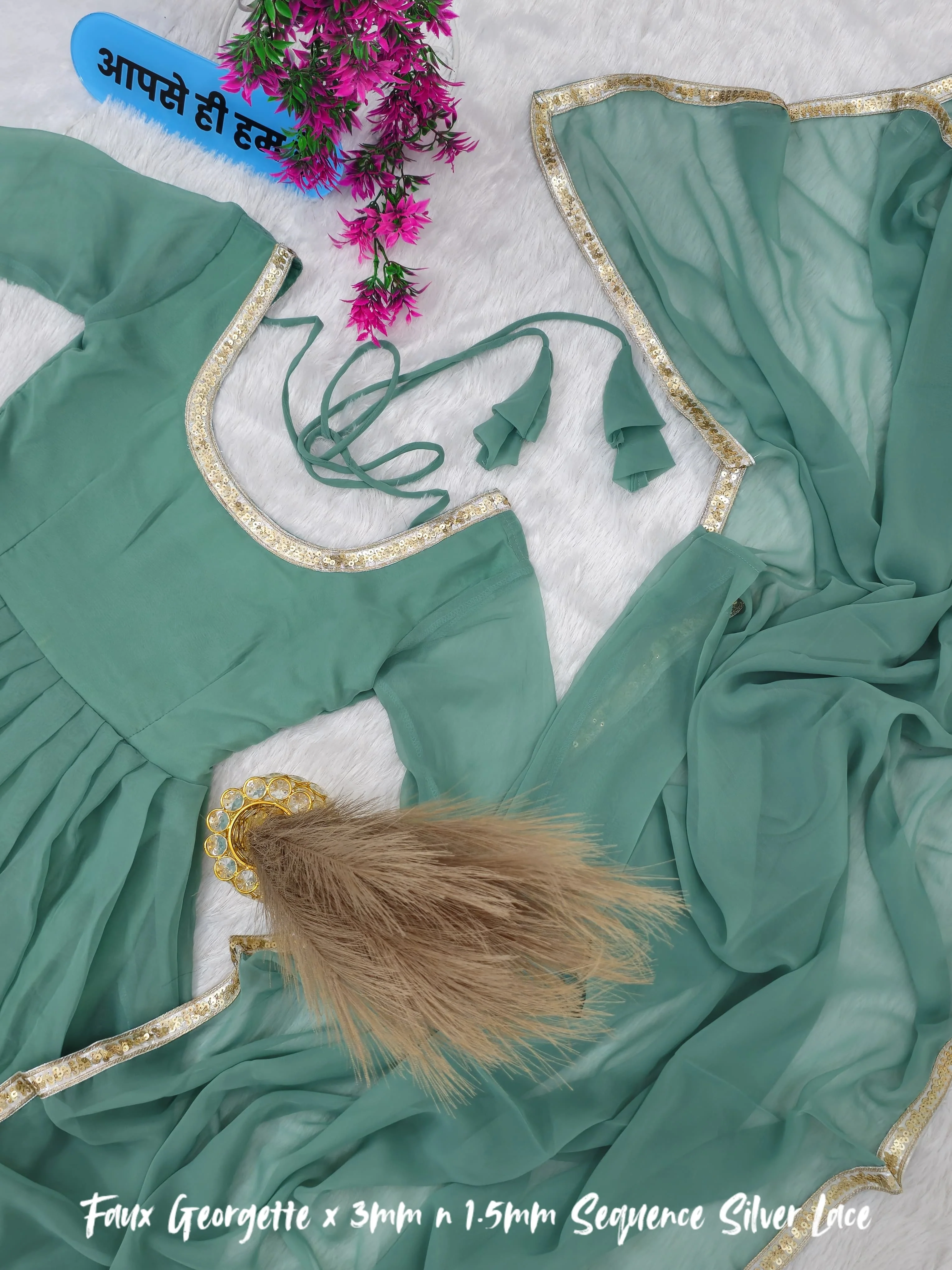 Beautiful Jannat Jubair Inspired Gold & Silver Cham Cham Sequence Anarkali Set - Image 4