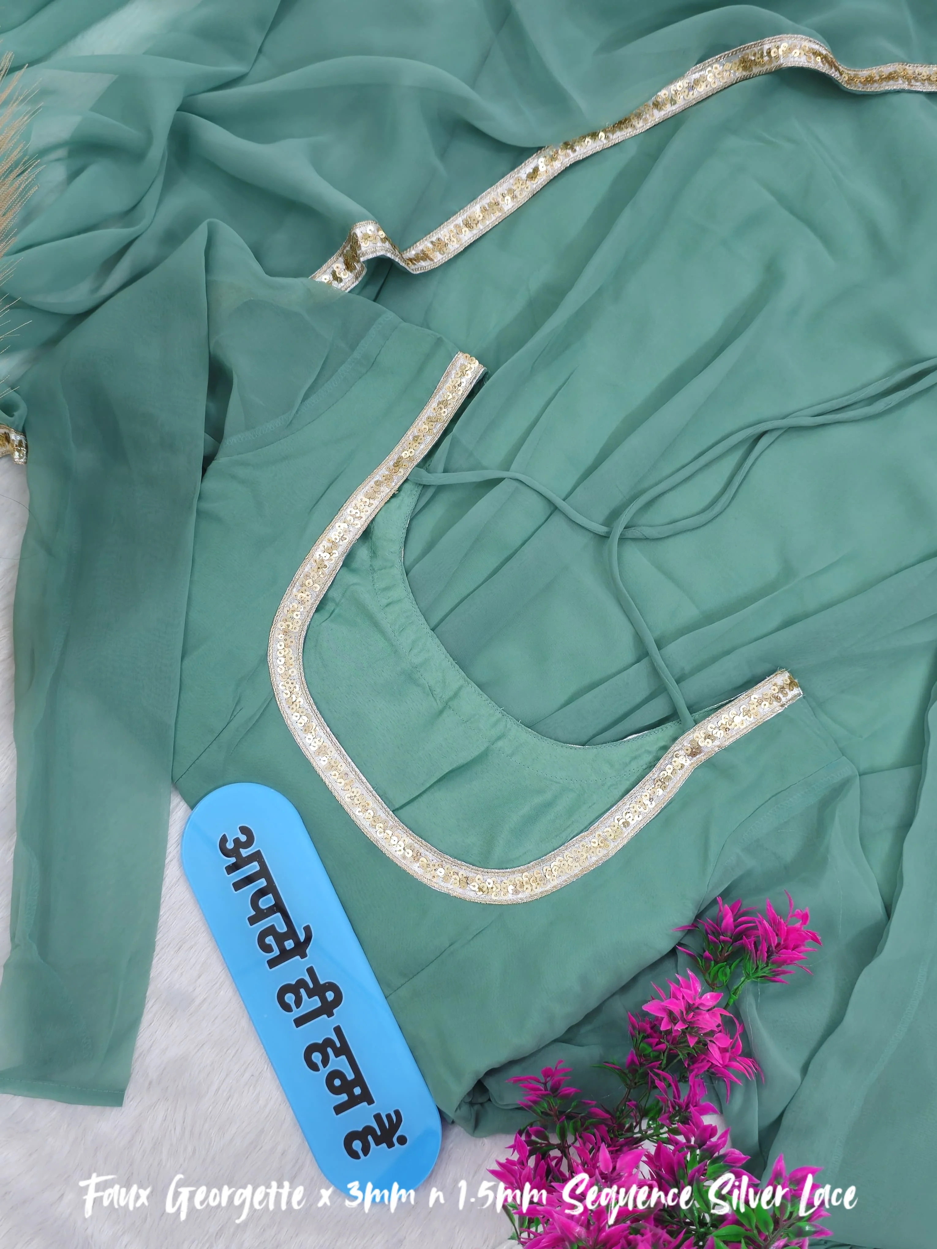 Beautiful Jannat Jubair Inspired Gold & Silver Cham Cham Sequence Anarkali Set - Image 5