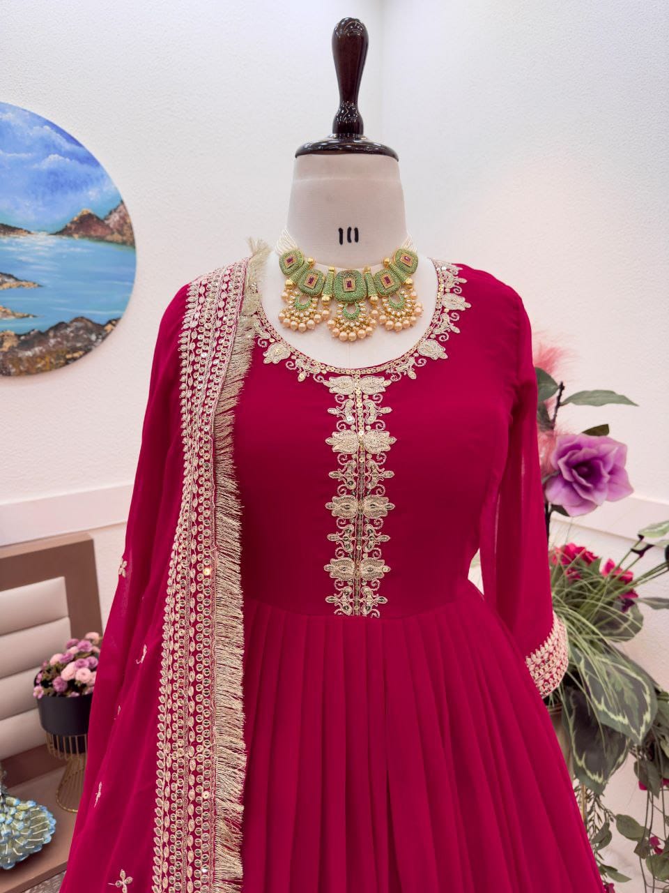 Beautiful Pink Georgette Sequence Coding Embroidery Work Gown - Image 3