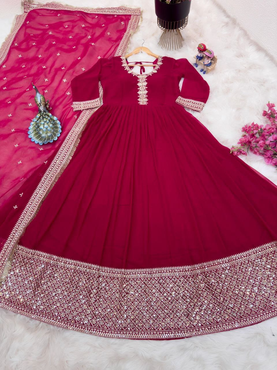 Beautiful Pink Georgette Sequence Coding Embroidery Work Gown - Image 4