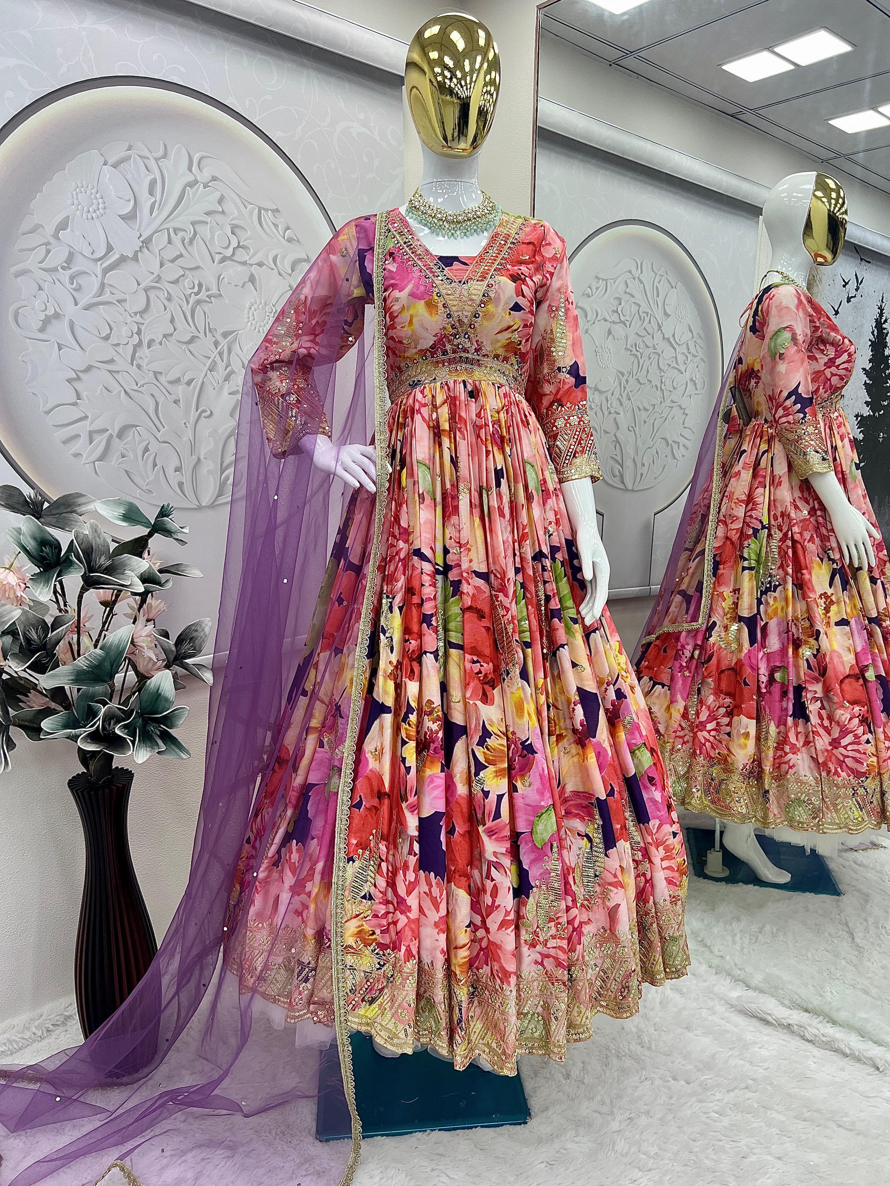 Designer Party-wear Gorgeous Chinon Silk Digital Floral Printed Gown - Image 3