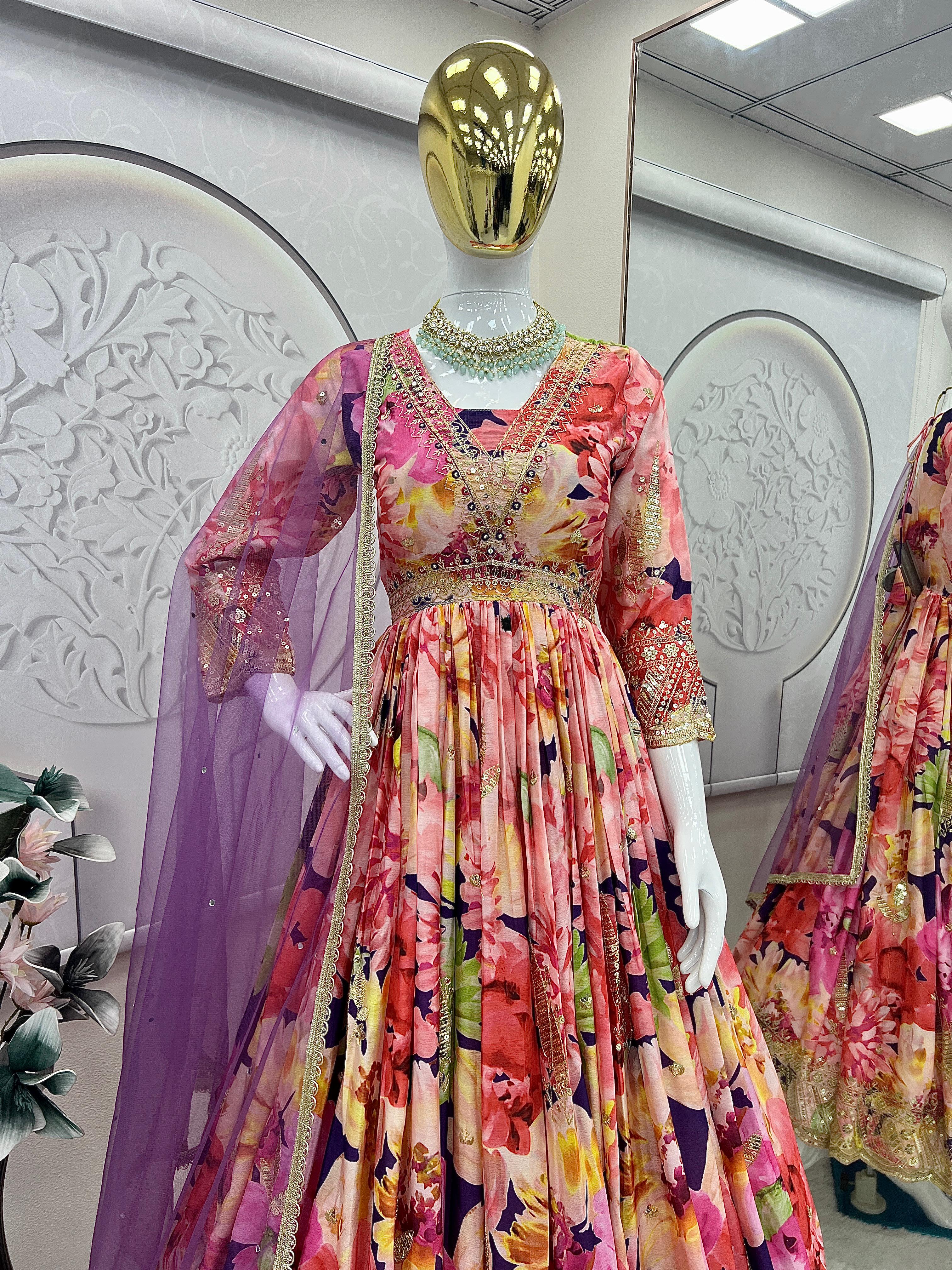 Designer Party-wear Gorgeous Chinon Silk Digital Floral Printed Gown - Image 4