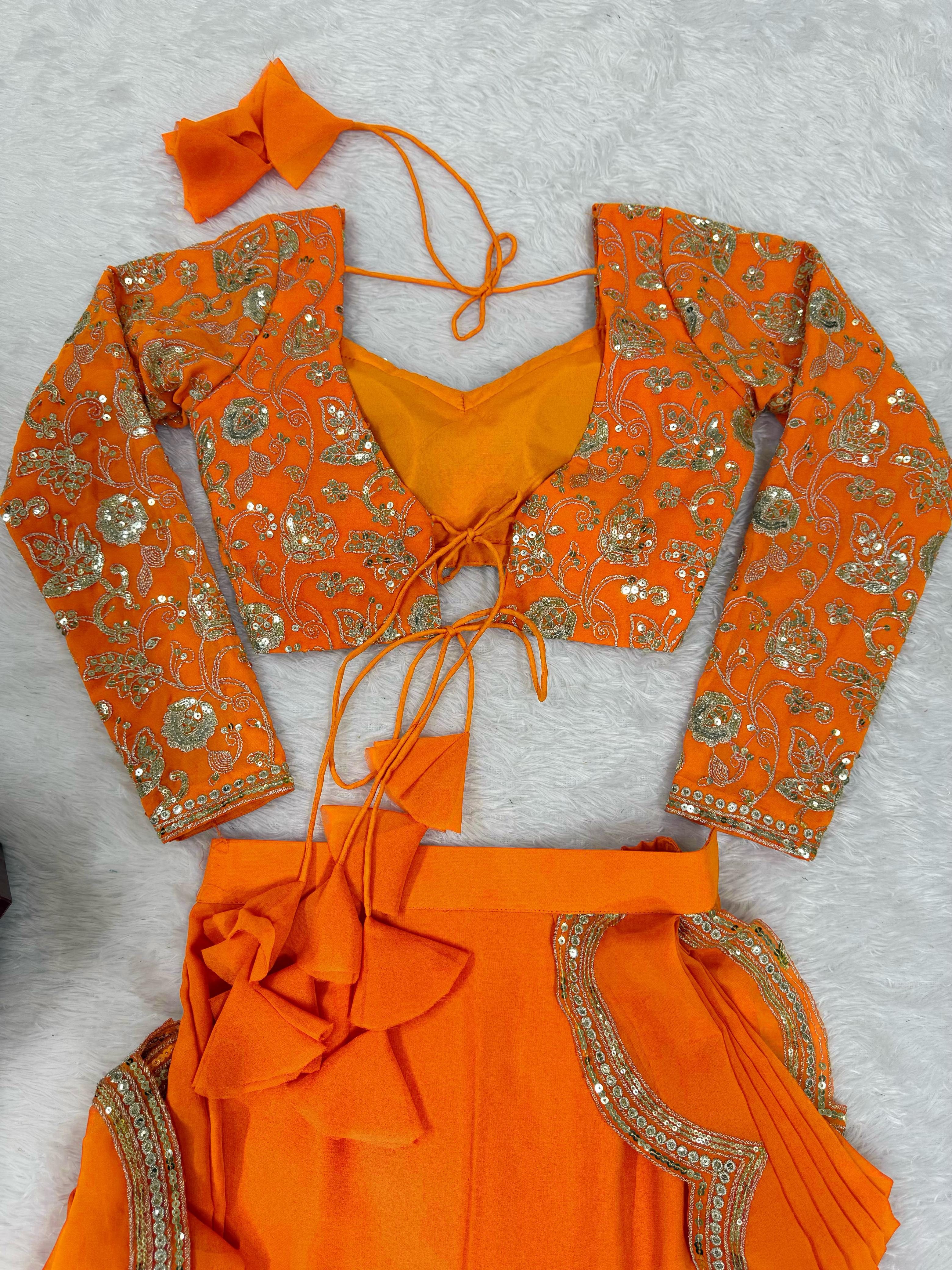 Party-wear Georgette Elegant Thread With Sequence Embroidery Work Lehenga Saree - Image 6