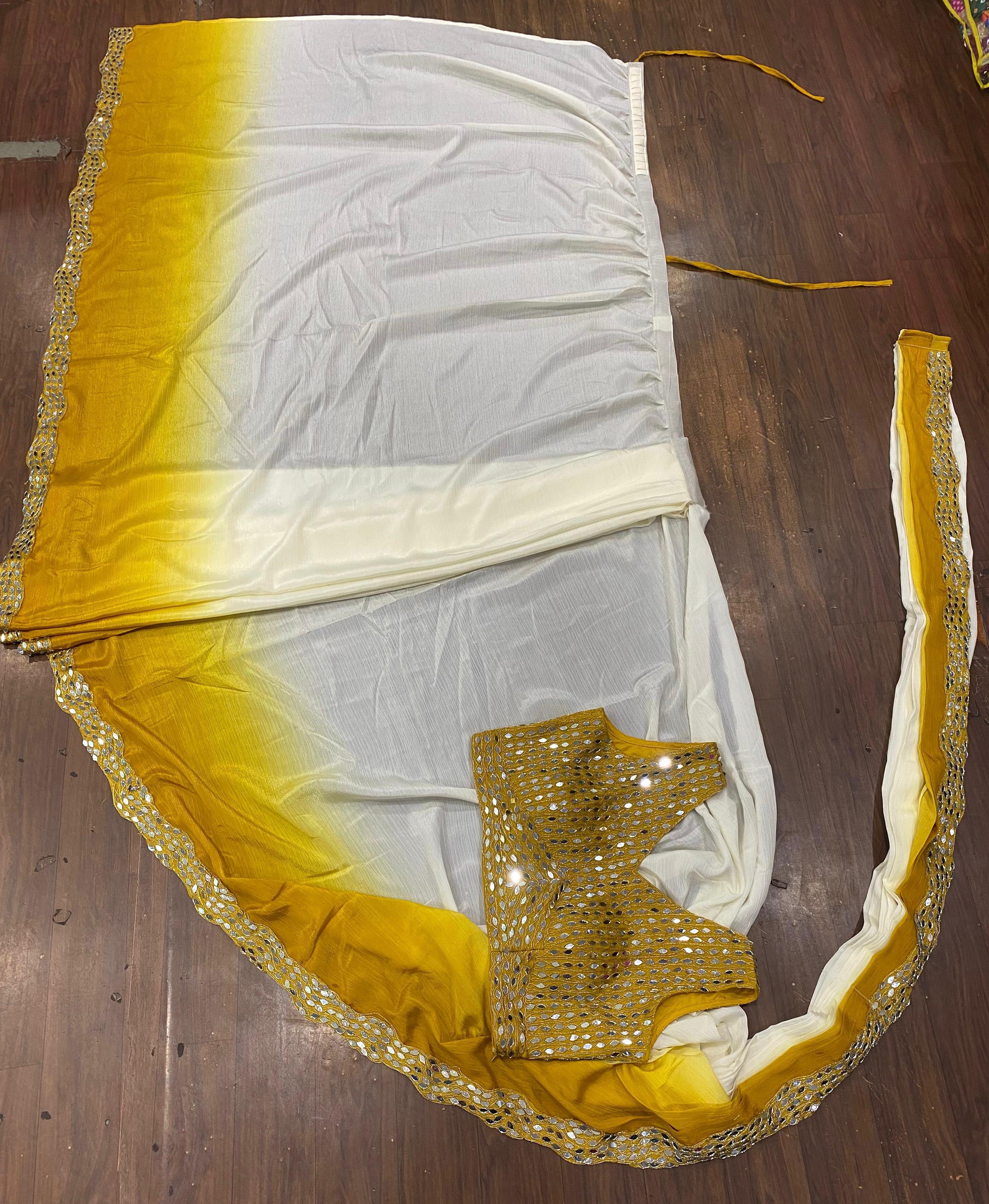 Party-wear Ready To Wear Soft Chinon Silk Real Mirror Work Saree - Image 3