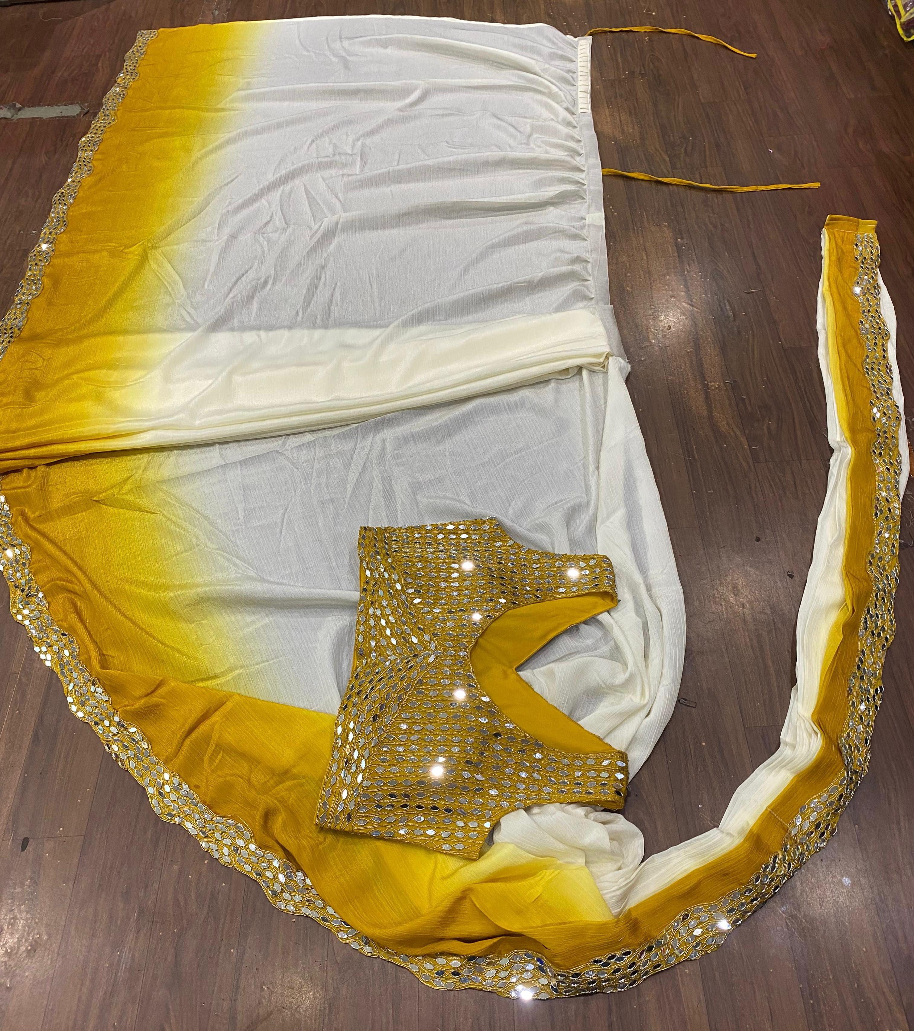 Party-wear Ready To Wear Soft Chinon Silk Real Mirror Work Saree - Image 4