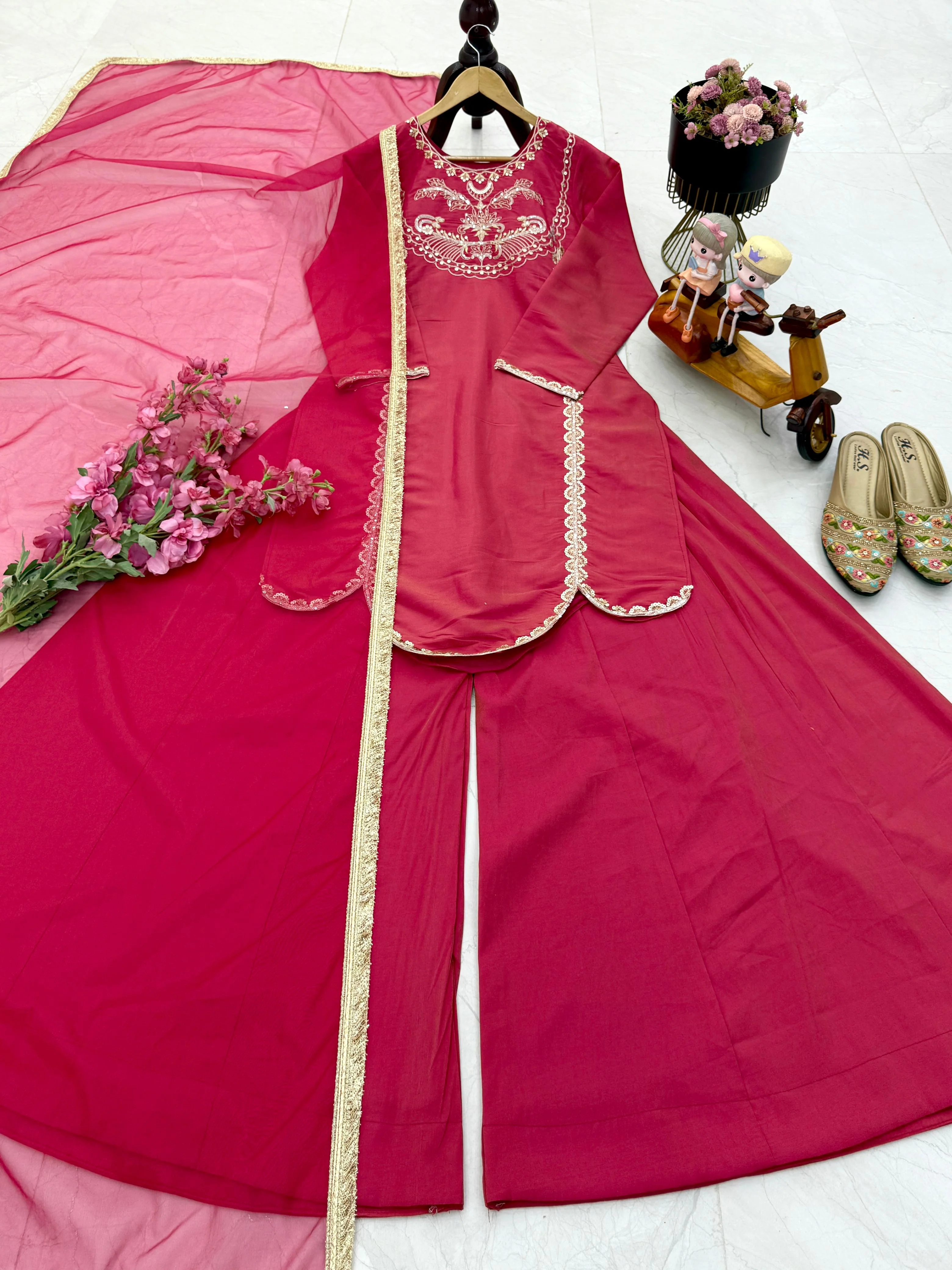 Party-wear Roman Simmer Silk Sequence & Embroidery Work Sharara - Image 3