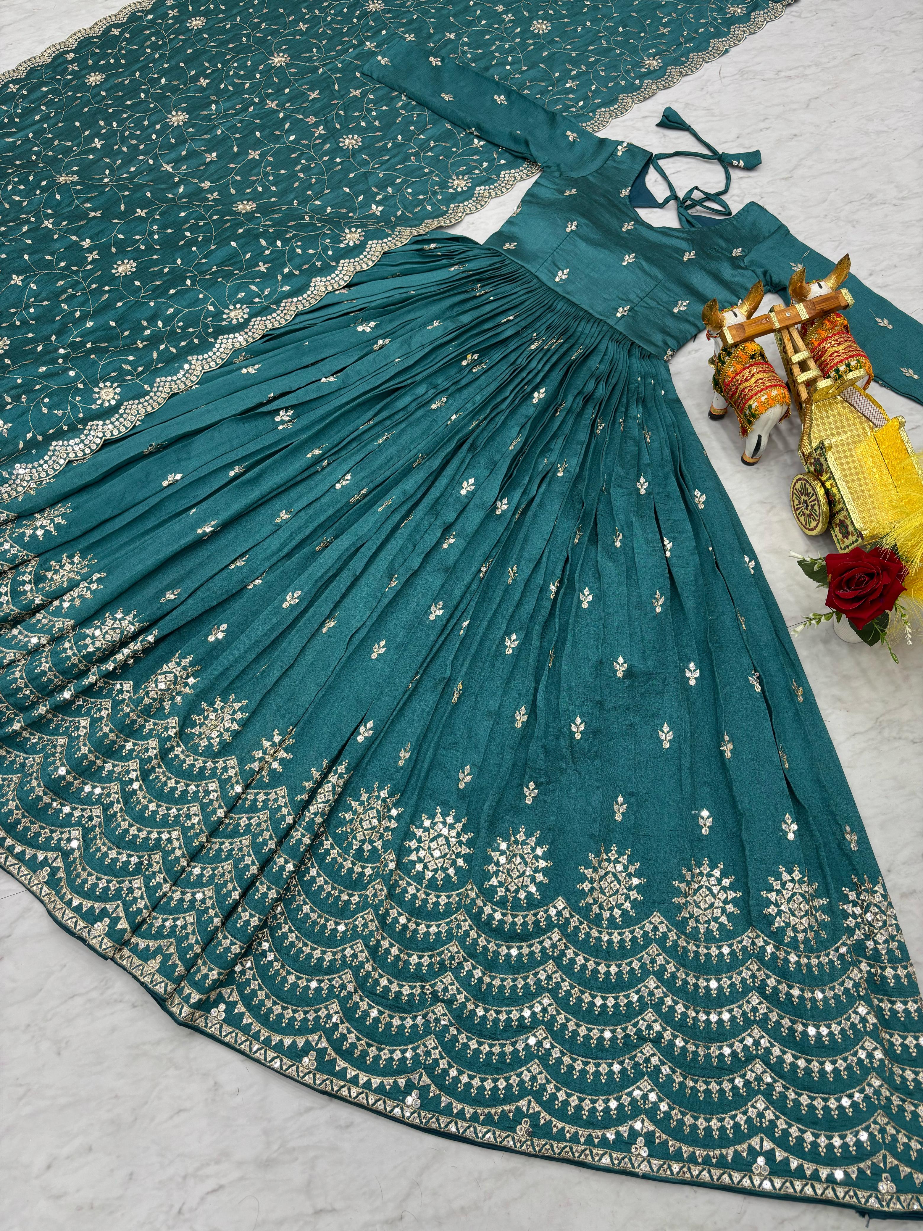 Wedding Special Vichitra silk Embroidery Work Gown - Image 3