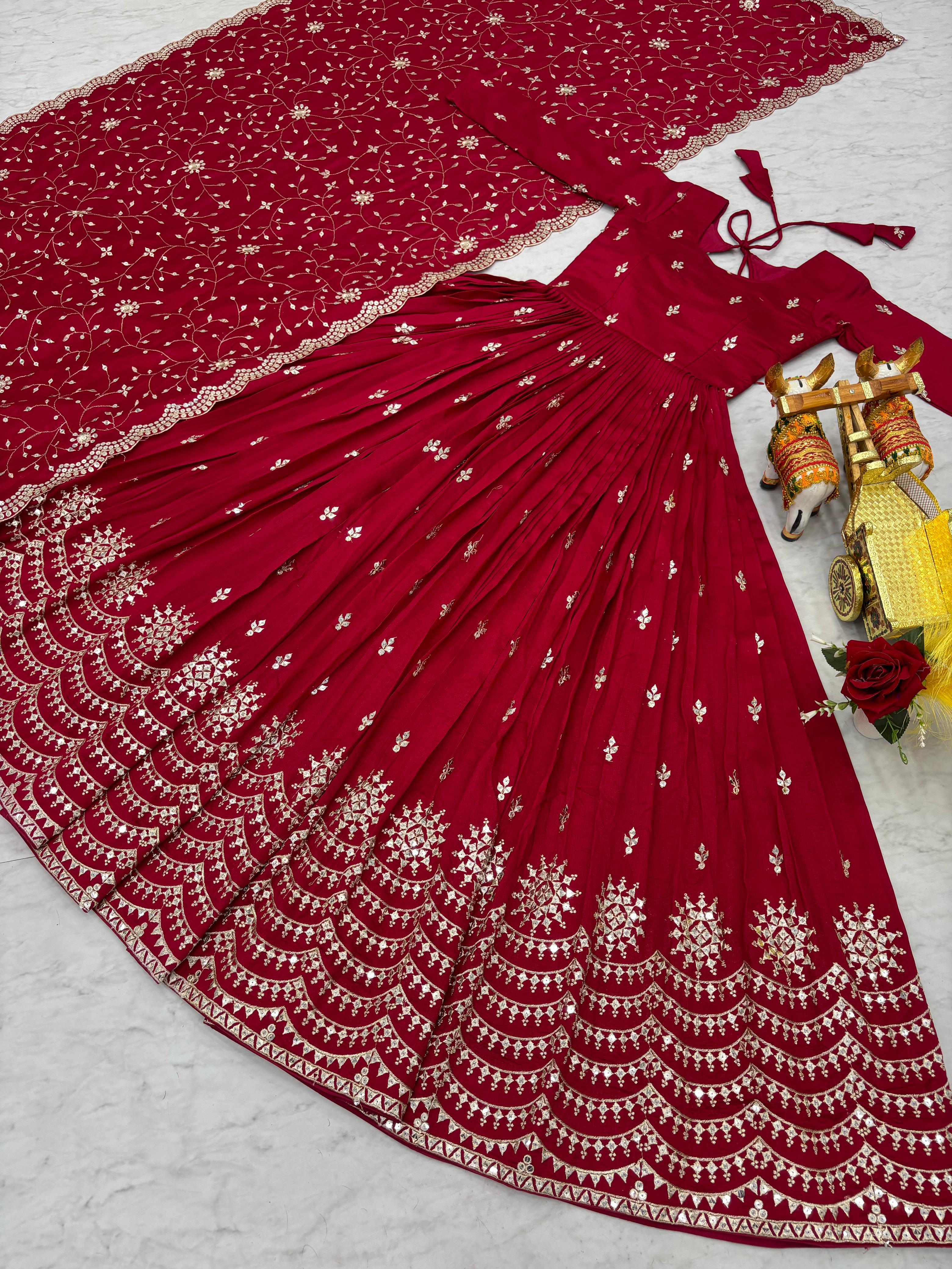 Wedding Special Vichitra silk Embroidery Work Gown - Image 4